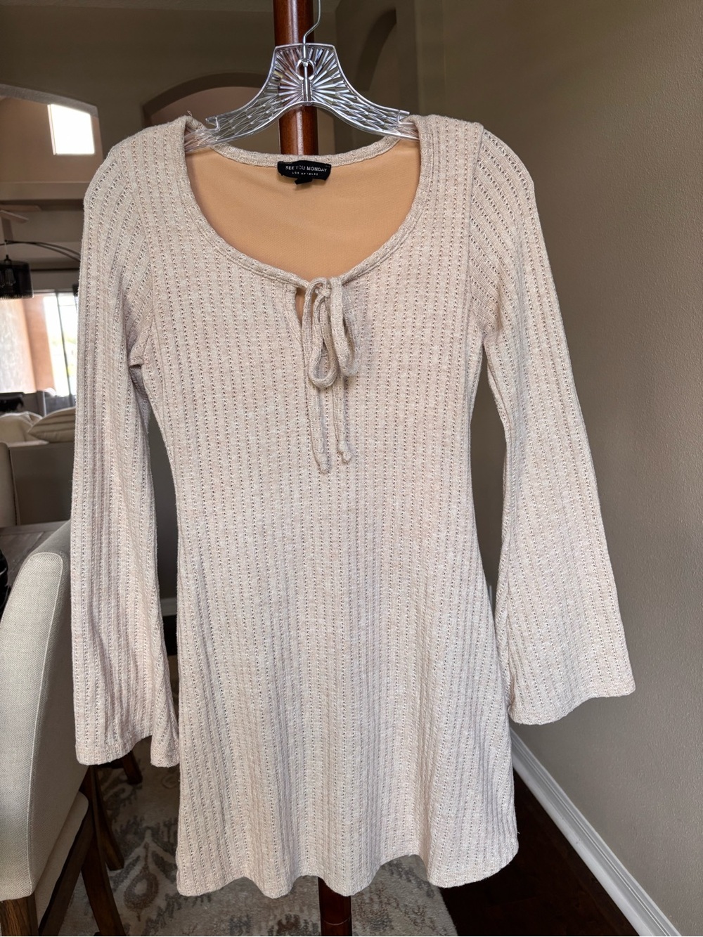 See You Monday Cream Knit Tie-Front Long-Sleeve Dress